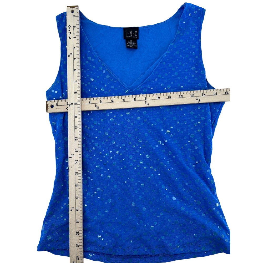 INC International Concepts Blue Mesh Polka Dot Shimmer V-Neck Tank Top Y2k Med - Picture 2 of 5